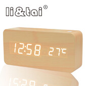 Medinis LED žadintuvas modernus stilius temperatūros garsų valdymas kalendorius LED ekranas elektroninis stalinis skaitmeninis stalinis medinis laikrodis