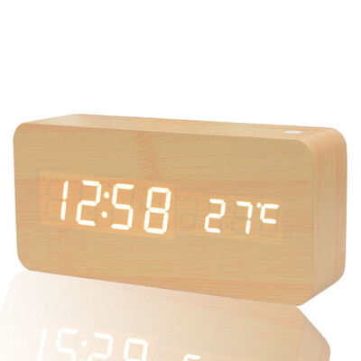 Medinis LED žadintuvas modernus stilius temperatūros garsų valdymas kalendorius LED ekranas elektroninis stalinis skaitmeninis stalinis medinis laikrodis