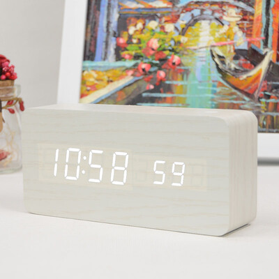 Medinis LED žadintuvas modernus stilius temperatūros garsų valdymas kalendorius LED ekranas elektroninis stalinis skaitmeninis stalinis medinis laikrodis