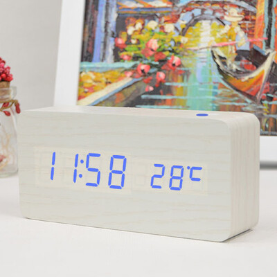 Medinis LED žadintuvas modernus stilius temperatūros garsų valdymas kalendorius LED ekranas elektroninis stalinis skaitmeninis stalinis medinis laikrodis