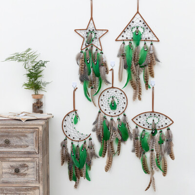 Vintage Indian Dreamcatcher Ornamente agățate pentru cameră, ochi, lună, stea, verzi, apărătoare de vise, decorare cu pene, cadouri pentru dormitor