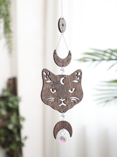 Pisică din lemn Faza lunii Agățat pe perete Boho Mystic Cat Decor Perete din lemn realizat manual Witchy Home Decor Faze lunii și design pisică