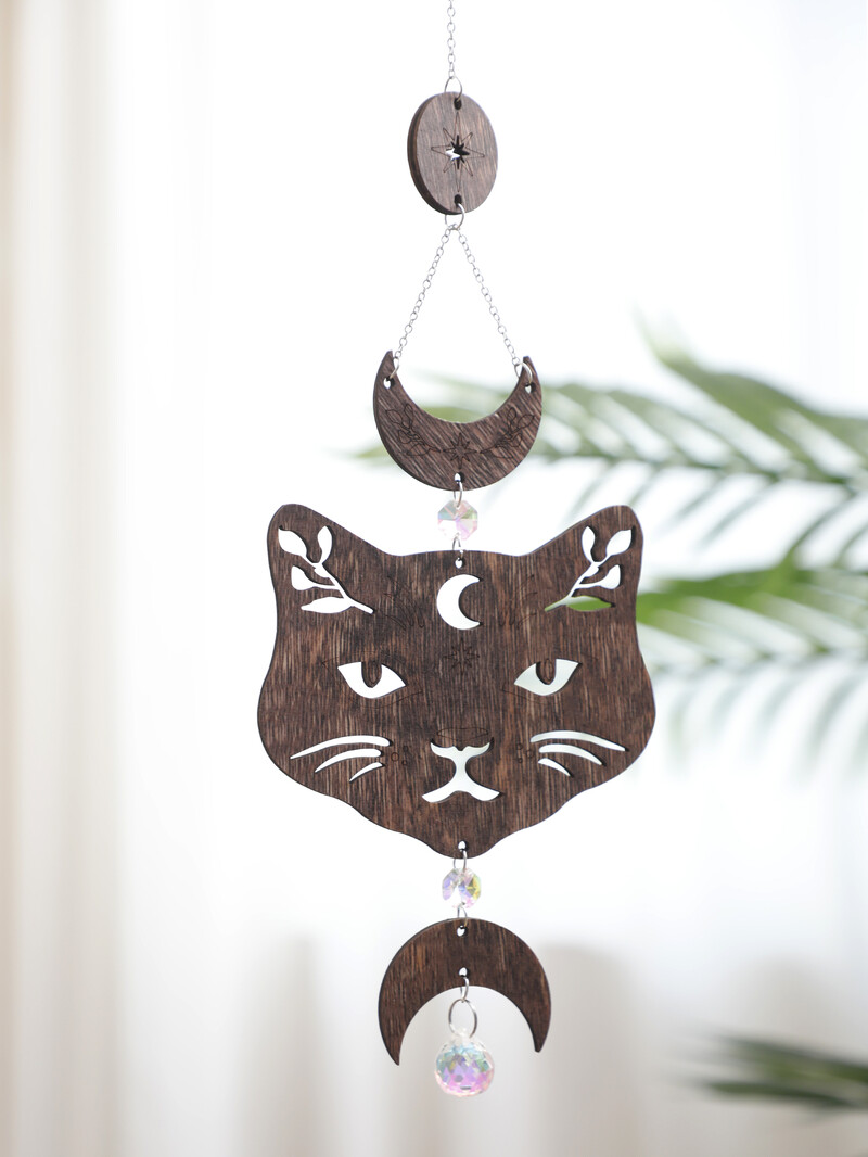 Pisică din lemn Faza lunii Agățat pe perete Boho Mystic Cat Decor Perete din lemn realizat manual Witchy Home Decor Faze lunii și design pisică