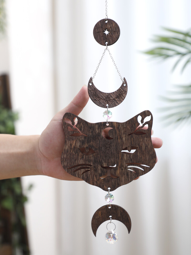 Pisică din lemn Faza lunii Agățat pe perete Boho Mystic Cat Decor Perete din lemn realizat manual Witchy Home Decor Faze lunii și design pisică