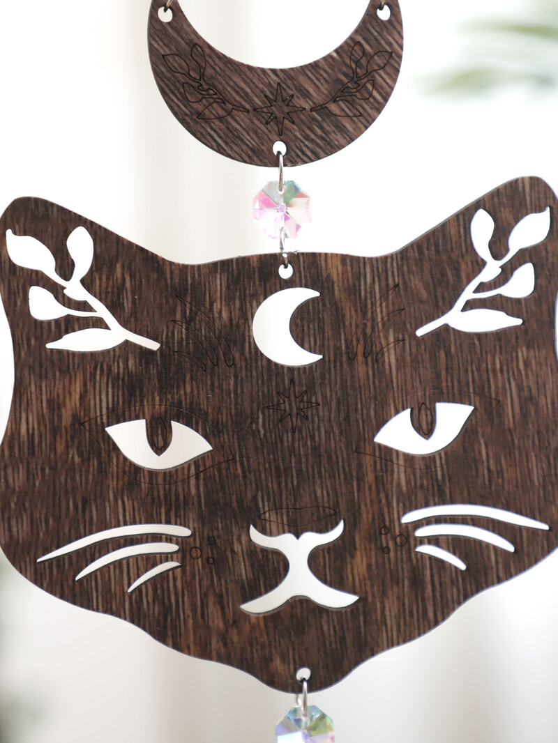 Pisică din lemn Faza lunii Agățat pe perete Boho Mystic Cat Decor Perete din lemn realizat manual Witchy Home Decor Faze lunii și design pisică