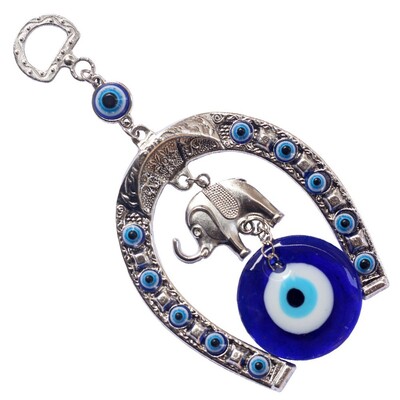 Turc albastru Evil Eye agățat pe perete potcoavă cu decorațiuni din sticlă, elefant, mașină, pandantiv, ornament norocos, decor acasă