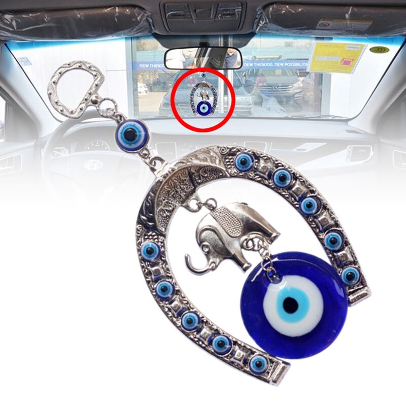 Turc albastru Evil Eye agățat pe perete potcoavă cu decorațiuni din sticlă, elefant, mașină, pandantiv, ornament norocos, decor acasă