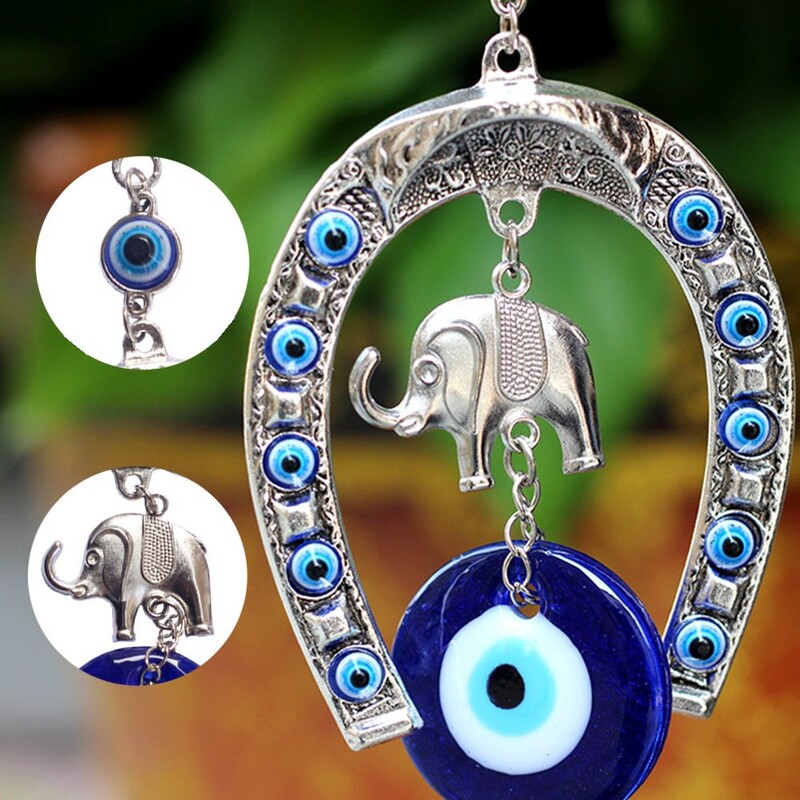 Turc albastru Evil Eye agățat pe perete potcoavă cu decorațiuni din sticlă, elefant, mașină, pandantiv, ornament norocos, decor acasă