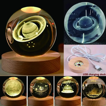 6 εκατοστά 3D κρυστάλλινη σφαίρα Crystal Planet Night Light με λέιζερ χαραγμένο ηλιακό σύστημα Globe Astronomy Δώρο γενεθλίων Διακόσμηση επιφάνειας εργασίας σπιτιού