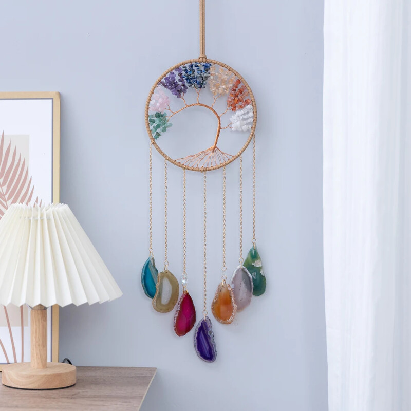 Agat colorat natural Arborele vieții Captatoare de vise 7 Chakre Pietre prețioase Grădină Captatoare de vise din cristale Agățate pe perete Decorații pentru casă