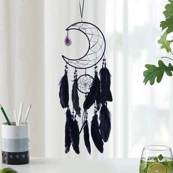 Moon Dream Catcher Χειροποίητα υφαντά μαύρα φτερά Dreamcatcher για διακόσμηση σπιτιού Υπνοδωμάτιο Διακόσμηση τοίχου για κοιτώνα