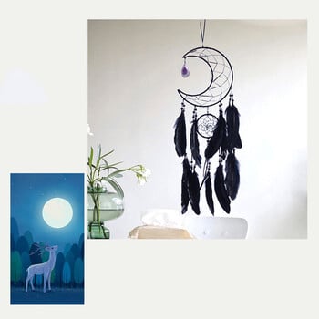 Moon Dream Catcher Χειροποίητα υφαντά μαύρα φτερά Dreamcatcher για διακόσμηση σπιτιού Υπνοδωμάτιο Διακόσμηση τοίχου για κοιτώνα