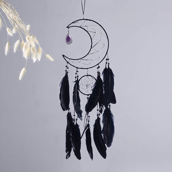 Moon Dream Catcher Χειροποίητα υφαντά μαύρα φτερά Dreamcatcher για διακόσμηση σπιτιού Υπνοδωμάτιο Διακόσμηση τοίχου για κοιτώνα