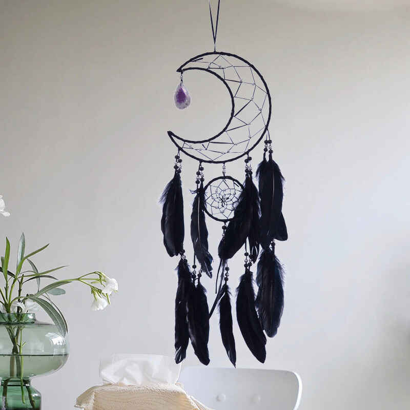 Captorul de vise Lună, țesute manual, cu pene negre, agățat pe perete, pentru decorarea interioară, pentru dormitor, pentru perete pentru dormitor.