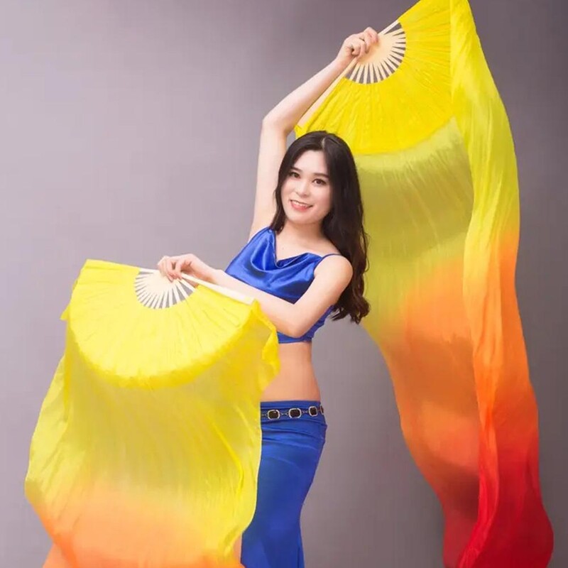 Lungime de 150 cm Vânzare la cald Ms.Belly Dancing Fan Gradient Culoare Dansator Practică lungă imitație de dans Props Evantai de mătase
