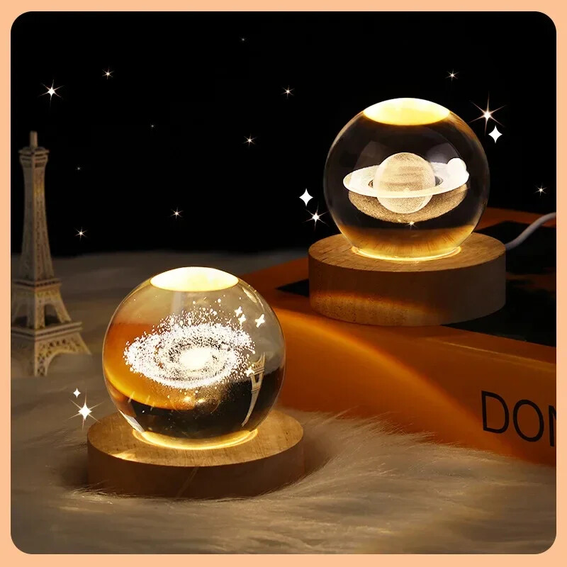 Lampă de masă LED cu bile de cristal cu lumină de noapte USB 3D Moon Planet Galaxy Decor pentru acasă Lampă de masă Jucării de petrecere pentru copii Adulti Cadouri de Crăciun