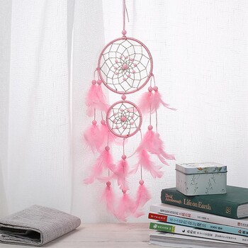 Ροζ Dreamcatcher Feather Bead Διακοσμητικό τοίχου για γραφείο σπιτιού - Χειροποίητο Beauty for Good Dreams Στολίδι κρεβατοκάμαρας Wind Chime