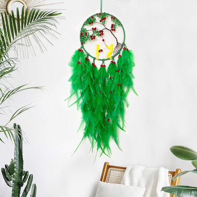 Atrapator de vise, țesute manual, clopoței de vânt cu pene verzi, agatatoare pentru sufragerie, dormitor, cadouri de festival de aniversare, decorațiuni pentru casă