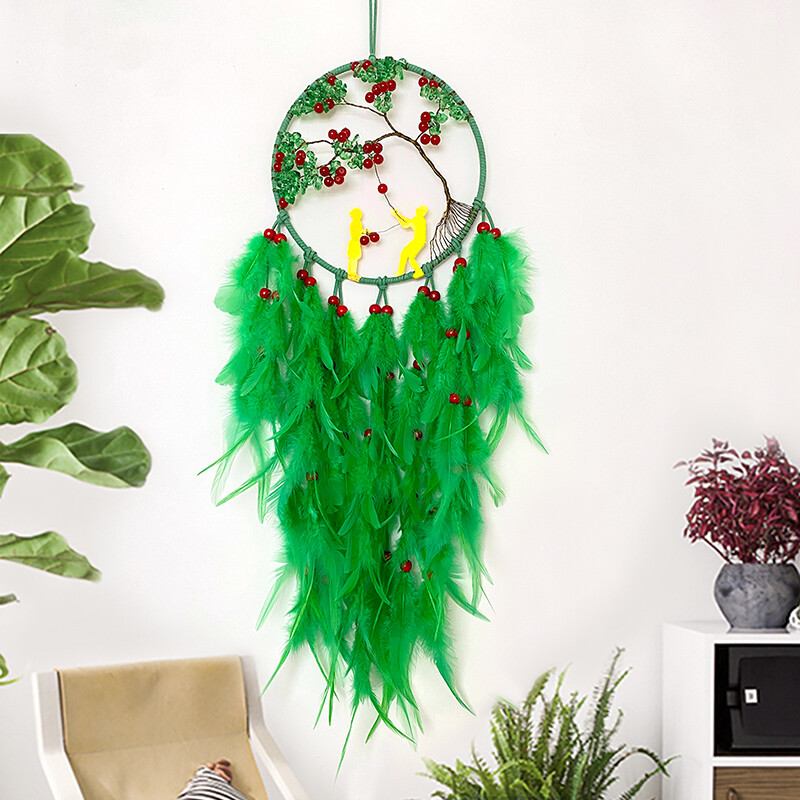 Atrapator de vise, țesute manual, clopoței de vânt cu pene verzi, agatatoare pentru sufragerie, dormitor, cadouri de festival de aniversare, decorațiuni pentru casă