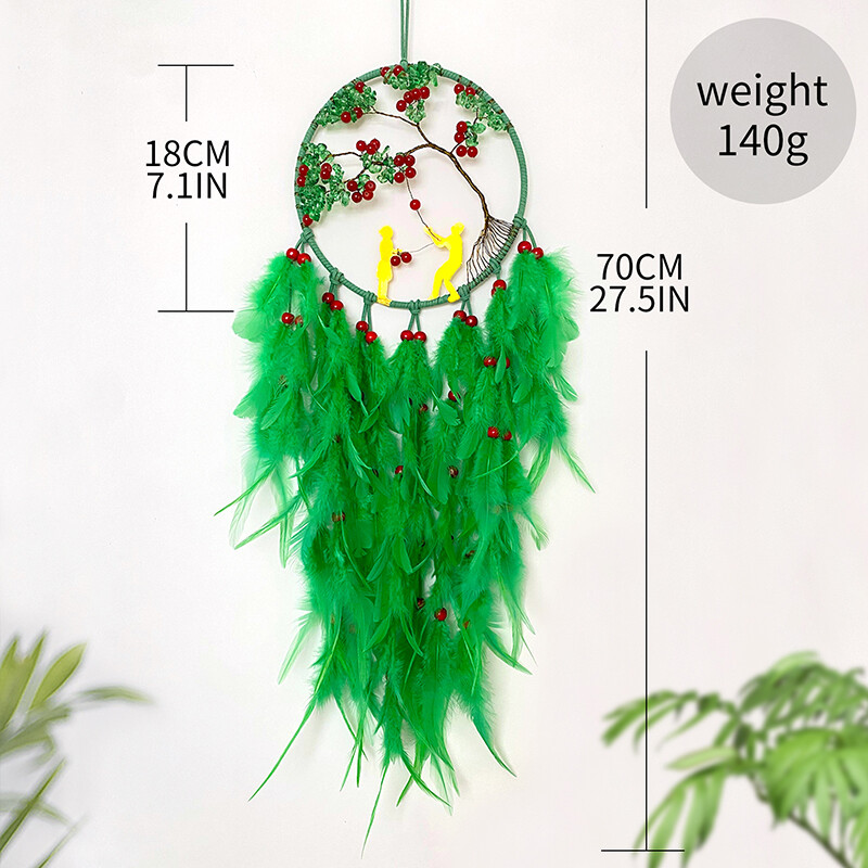 Atrapator de vise, țesute manual, clopoței de vânt cu pene verzi, agatatoare pentru sufragerie, dormitor, cadouri de festival de aniversare, decorațiuni pentru casă