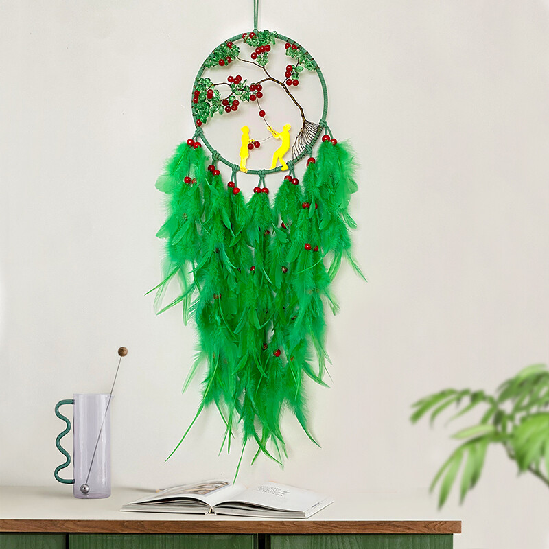 Atrapator de vise, țesute manual, clopoței de vânt cu pene verzi, agatatoare pentru sufragerie, dormitor, cadouri de festival de aniversare, decorațiuni pentru casă