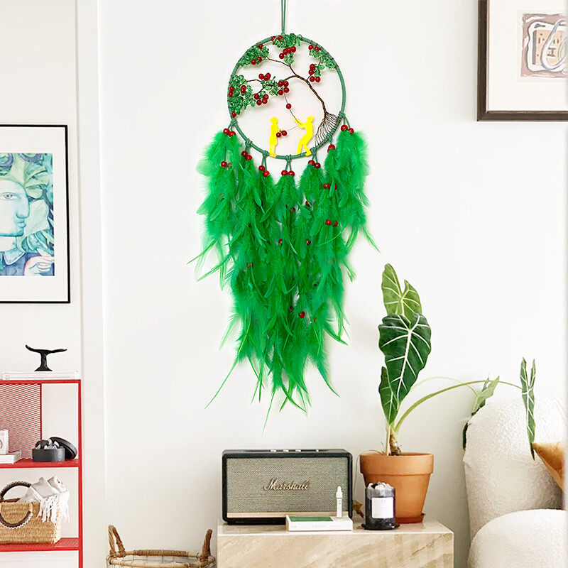 Atrapator de vise, țesute manual, clopoței de vânt cu pene verzi, agatatoare pentru sufragerie, dormitor, cadouri de festival de aniversare, decorațiuni pentru casă