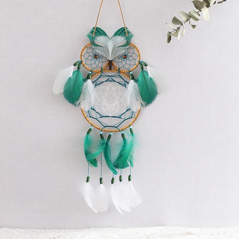 Boho Owl Dream Catcher Handmade Tradițional Dreamcatcher Decoratiuni de perete suspendate pentru acasă Dormitor Verde închis