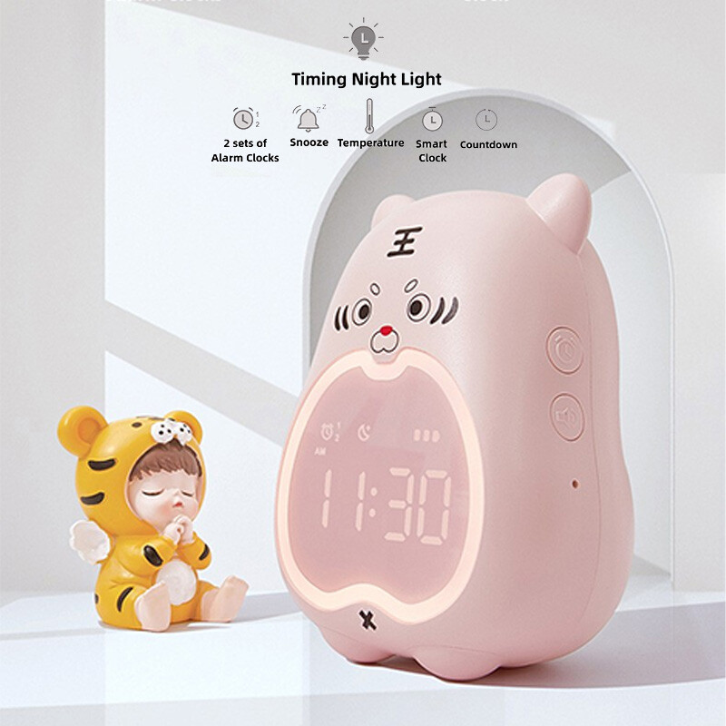 Ceas cu alarmă cu tigru mic de desene animate, lampă cu lumină de noapte pentru învățare, funcție de amânare pentru dormitor, ceas de masă electronic de birou