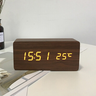 Ceas deșteptător digital LED din lemn, ceas de masă cu temperatură, control vocal, ceasuri electronice de birou cu amânare, USB, alimentat AAA