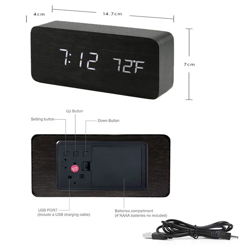 Ceas deșteptător digital LED din lemn, ceas de masă cu temperatură, control vocal, ceasuri electronice de birou cu amânare, USB, alimentat AAA