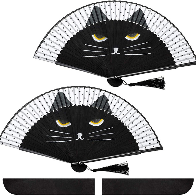Evantai de mână în stil japonez din mătase de desene animate chinezești de pisică populare evantai de pisică adorabil, portabil pliabil, femei, fete, evantai de spectacol