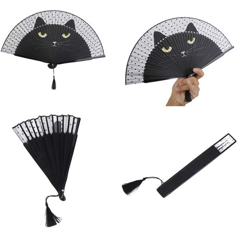 Evantai de mână în stil japonez din mătase de desene animate chinezești de pisică populare evantai de pisică adorabil, portabil pliabil, femei, fete, evantai de spectacol