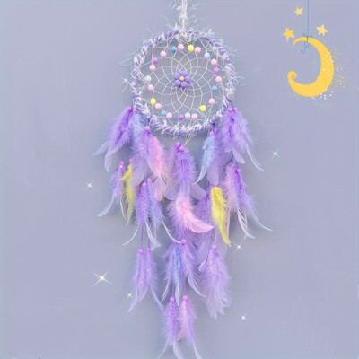 1 buc. Pene colorate Purpuriu Vise Captorul de mărgele cu pandantiv cu pene lucrate manual Ornament pentru agățat pe perete pentru dormitorul copiilor
