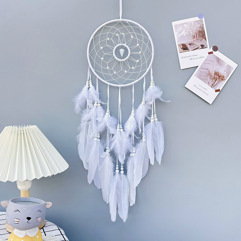 Nordic Dream Catcher rankų darbo baltos plunksnos vėjo varpeliai krištoliniai sieniniai pakabukai gimtadienio šventės dovanos kabantys miegamojo papuošalai