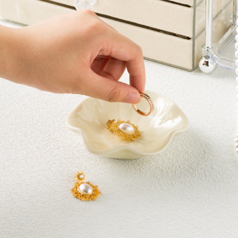 Tavă de bijuterii din ceramică rafinată Colier elegant în formă de frunze de lotus Vasă de depozitare pentru inele Organizator de cercei în stil nordic pentru femei