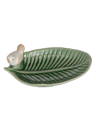 Tavă de bijuterii din ceramică pentru bijuterii, inel, colier, brăţară, cercei, frunze, cu farfurie de păsări, decorare a casei