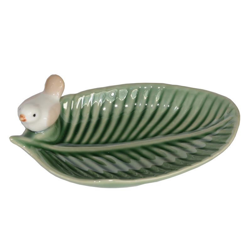 Tavă de bijuterii din ceramică pentru bijuterii, inel, colier, brăţară, cercei, frunze, cu farfurie de păsări, decorare a casei