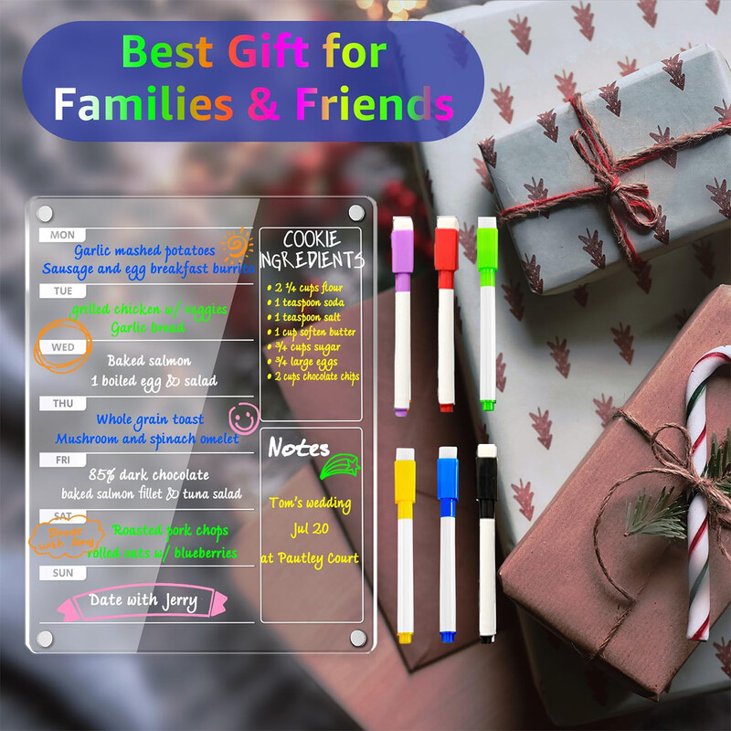 Tablă de meniu săptămânal magnetică acrilică pentru bucătărie, tablă magnetică acrilică șters uscată pentru frigider, planificator de mese reutilizabil cu 6 culori Ma