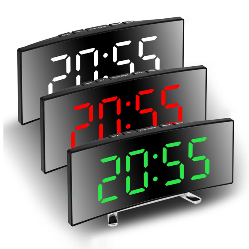 Ceas cu alarmă LED digital cu design curbat modern, sursă de alimentare USB, ceas de noptieră cu afișaj pentru temperatură și umiditate