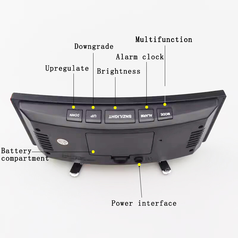 Ceas cu alarmă LED digital cu design curbat modern, sursă de alimentare USB, ceas de noptieră cu afișaj pentru temperatură și umiditate
