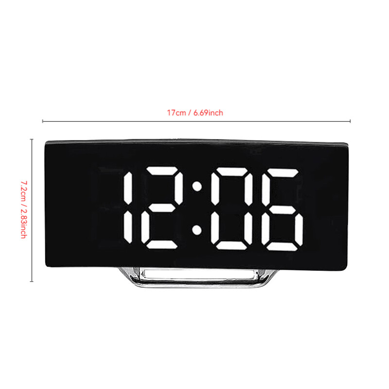 Ceas cu alarmă LED digital cu design curbat modern, sursă de alimentare USB, ceas de noptieră cu afișaj pentru temperatură și umiditate
