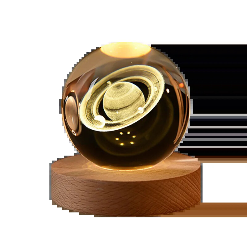 Minge de cristal Saturn 3D gravată cu laser Glob Galaxy Astronomie cu bază de lemn Planete Minge pentru ziua de naștere Crăciun