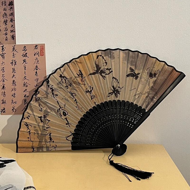 Ventilator pliabil în stil cerneală chinezească, ventilator portabil din pânză de caligrafie clasică, cu două fețe retro, ventilator din bambus, artizanat, cadou de nuntă