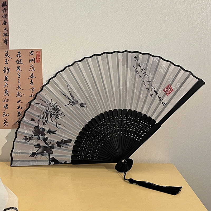 Ventilator pliabil în stil cerneală chinezească, ventilator portabil din pânză de caligrafie clasică, cu două fețe retro, ventilator din bambus, artizanat, cadou de nuntă