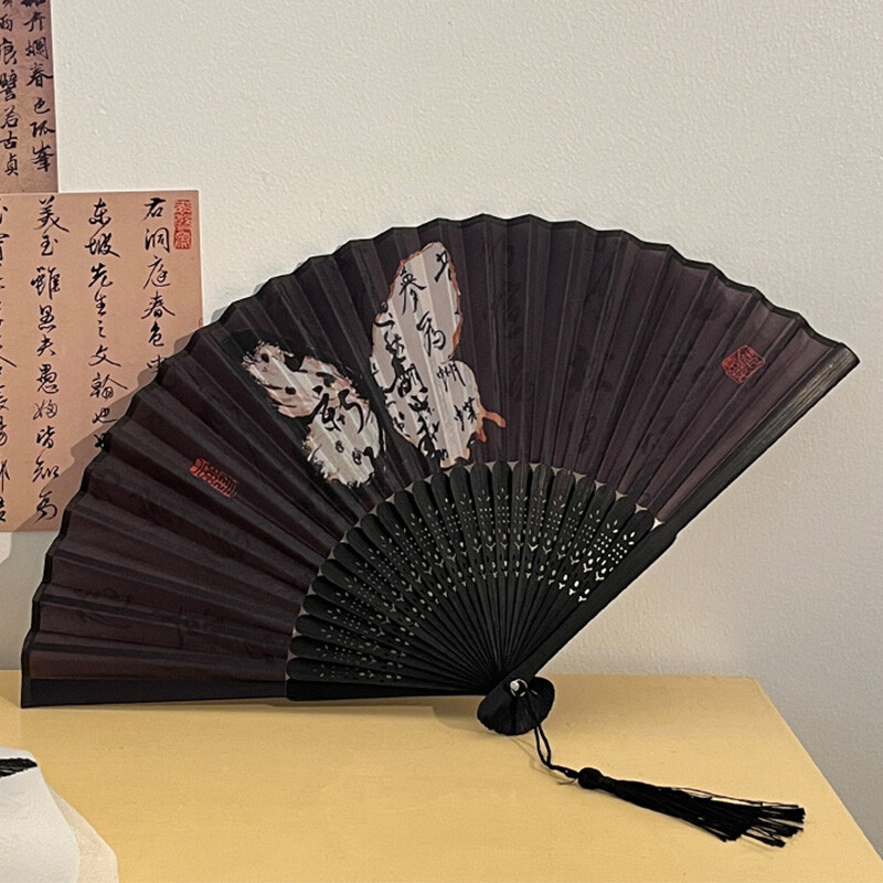 Ventilator pliabil în stil cerneală chinezească, ventilator portabil din pânză de caligrafie clasică, cu două fețe retro, ventilator din bambus, artizanat, cadou de nuntă