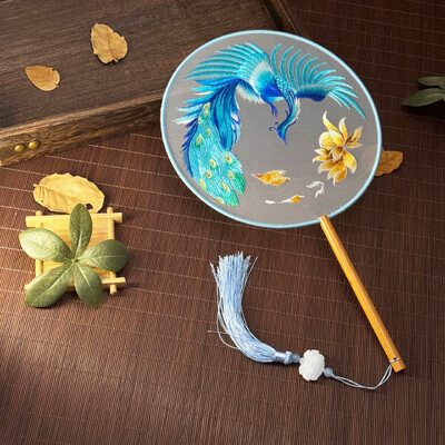 Evantai rotund de broderie cu opt petale în stil chinezesc cu mâner din lemn, portabil, imprimat, evantai vintage, favoruri de nuntă