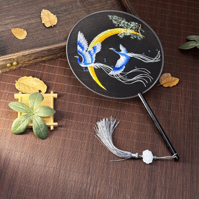 Evantai rotund de broderie cu opt petale în stil chinezesc cu mâner din lemn, portabil, imprimat, evantai vintage, favoruri de nuntă