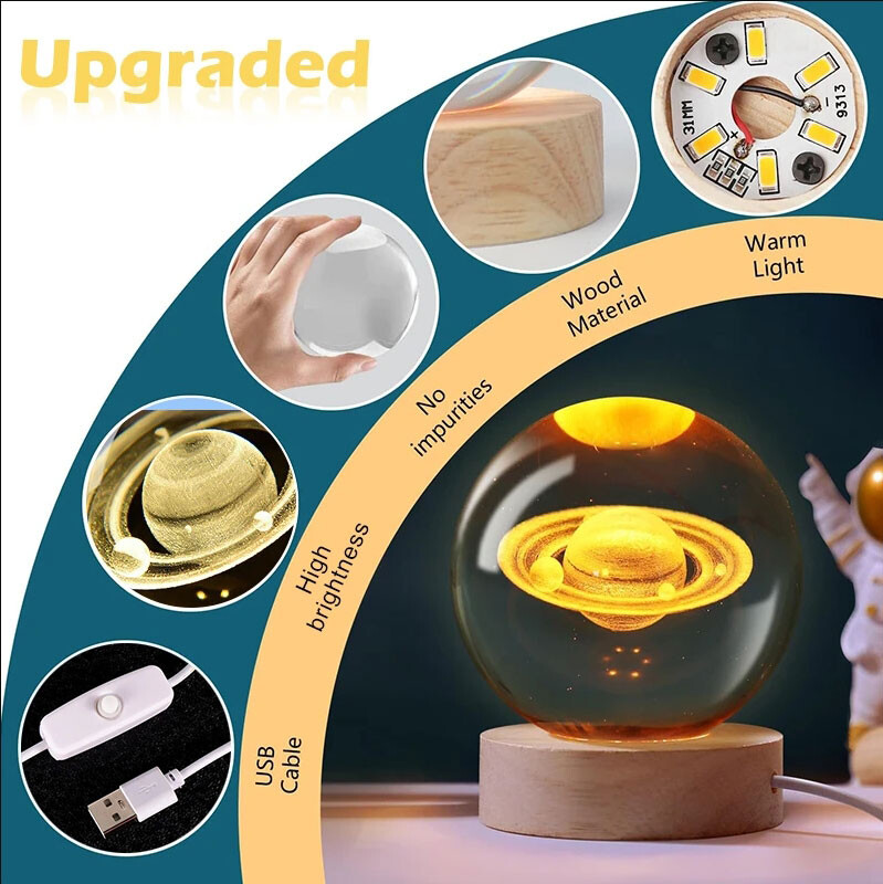 Astronaut 3D Crystal Ball Creativ LED Night Light Pentru Copii Dormitor Planet Space Solar System Lamp USB Crăciun Copii Cadou