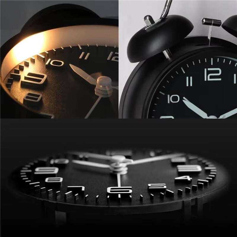 4 colių dviejų varpelių garsus žadintuvas metalinio rėmo 3D ciferblatas su apšvietimu su baterijomis veikiantis stalinis stalinis žadintuvas namams ir biurui