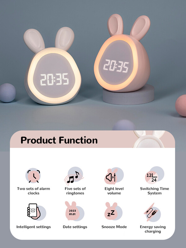 Vaikų mielas triušio žadintuvas su naktine šviesa be laipsnio pritemdymo LED skaitmeninis žadintuvas berniukams, mergaitėms